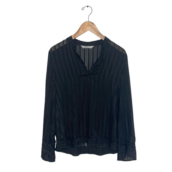 Zara Tops - Zara Blouse‎ Women’s Size Medium Black Striped Sheer Satin Silver Studded Ruffle